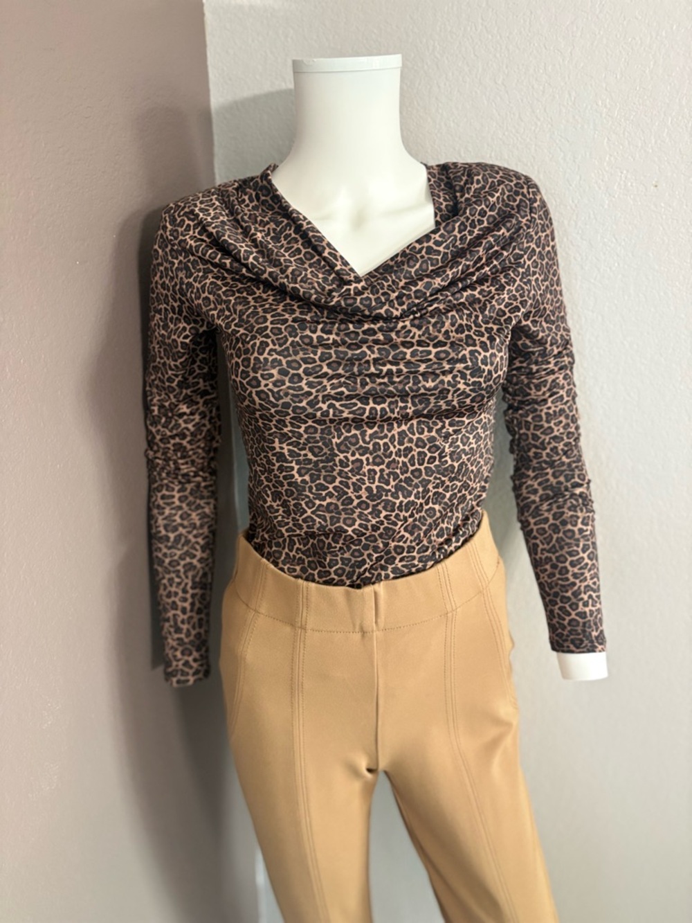 Leopard Print Cowl Neck Bodysuit - Brown/Black